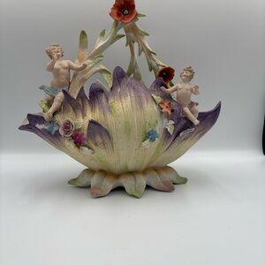 Vintage German Bisque Porcelain Figural Floral Basket With Cherubs